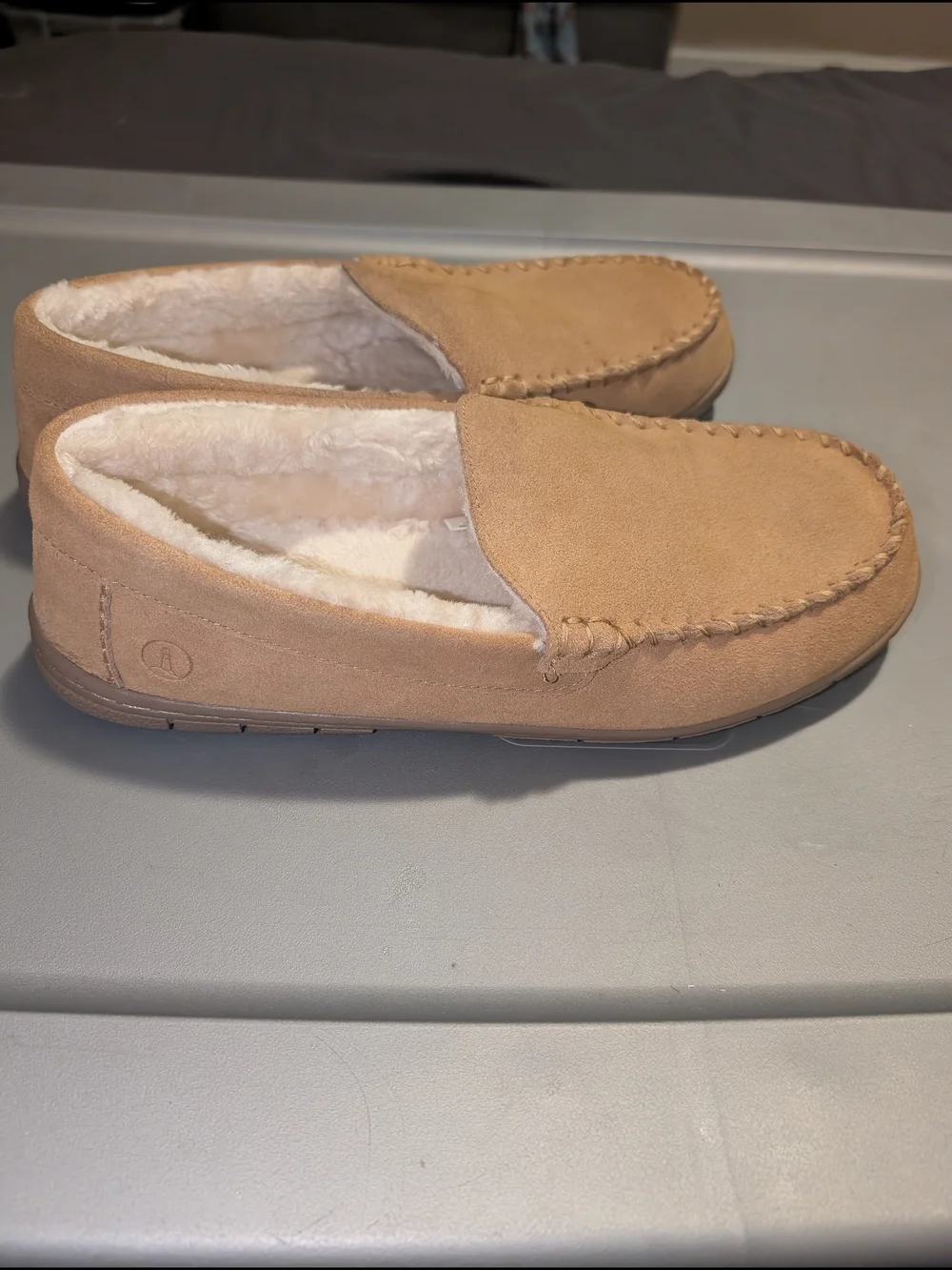 Lands' End Men's Tan Suede Faux Fur Moccasin Slippers Size US 13D UK 12 EU 47